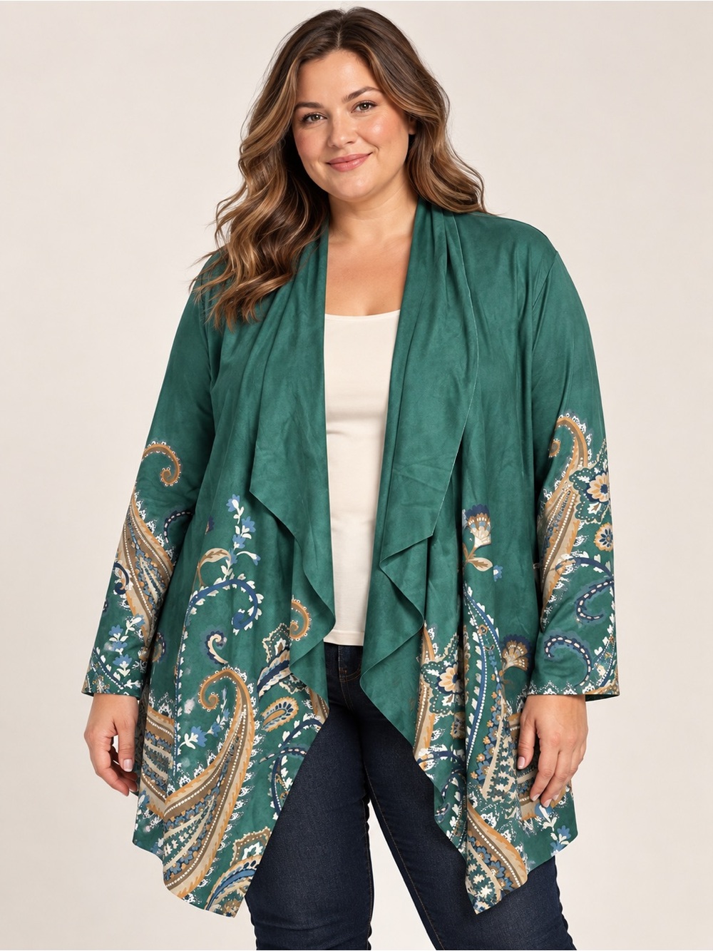 Soft Surroundings Faux Suede Paisley Open Front Waterfall Jacket 2X Boho Artsy